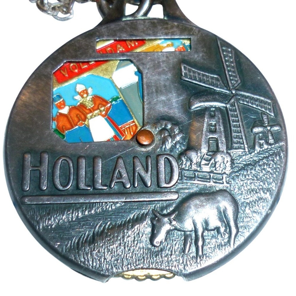 Vtg Holland Netherlands Mechanical Revolving Wheel Pendant Charm‎ Enamel Crests